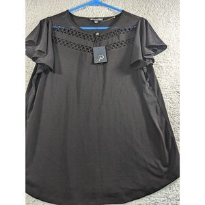 Adrianna Papell Blouse Womens Size Medium Black Sleeveless Neck Cutout Pattern